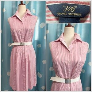 Brooks Brothers pink and white striped shirt dress.
